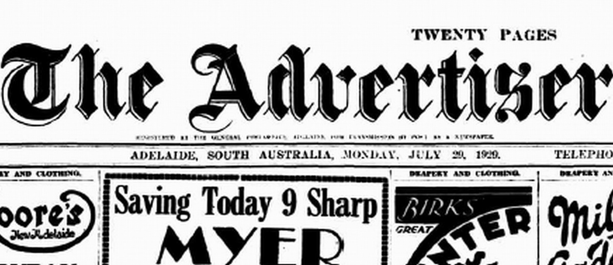 Image: The front page banner of Adelaide’s Advertiser newspaper, as published on Monday, 29 July 1929