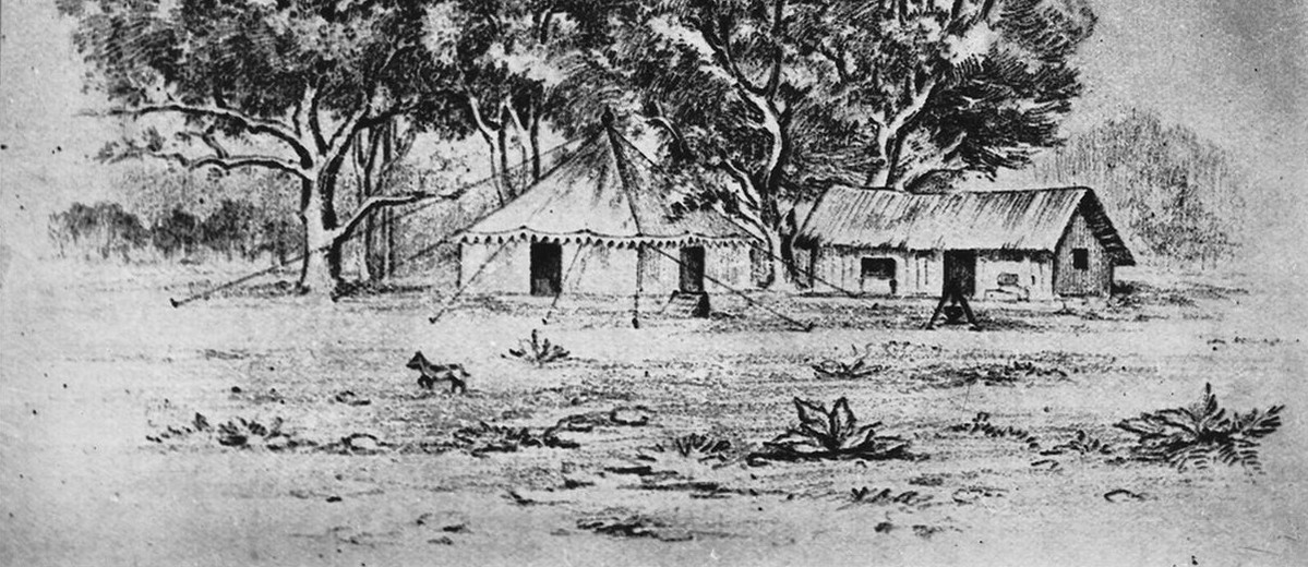 Image: black and white pencil sketch of huts and trees