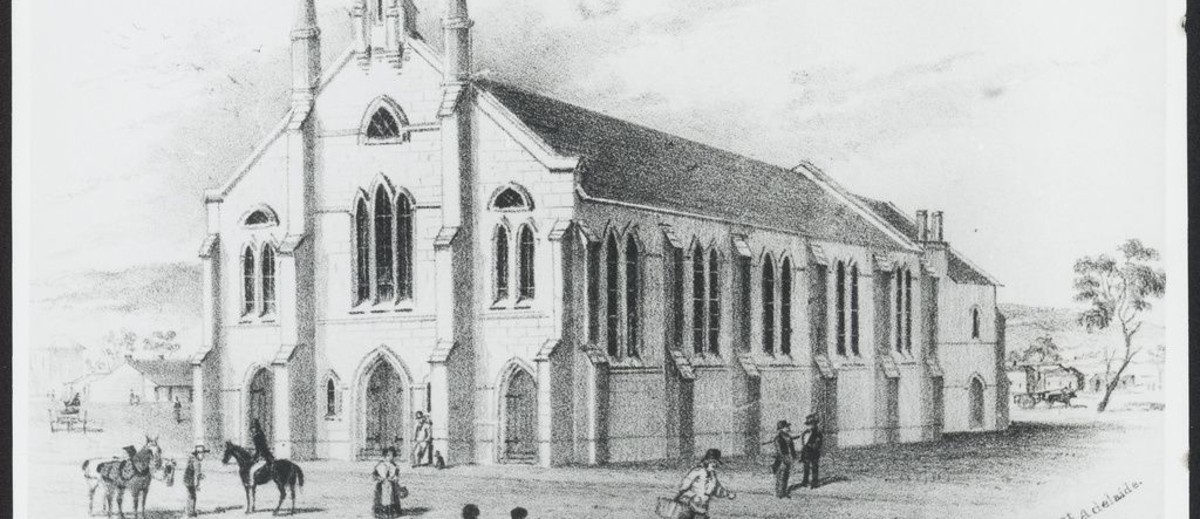 Image: pencil drawing of church with tall steeple