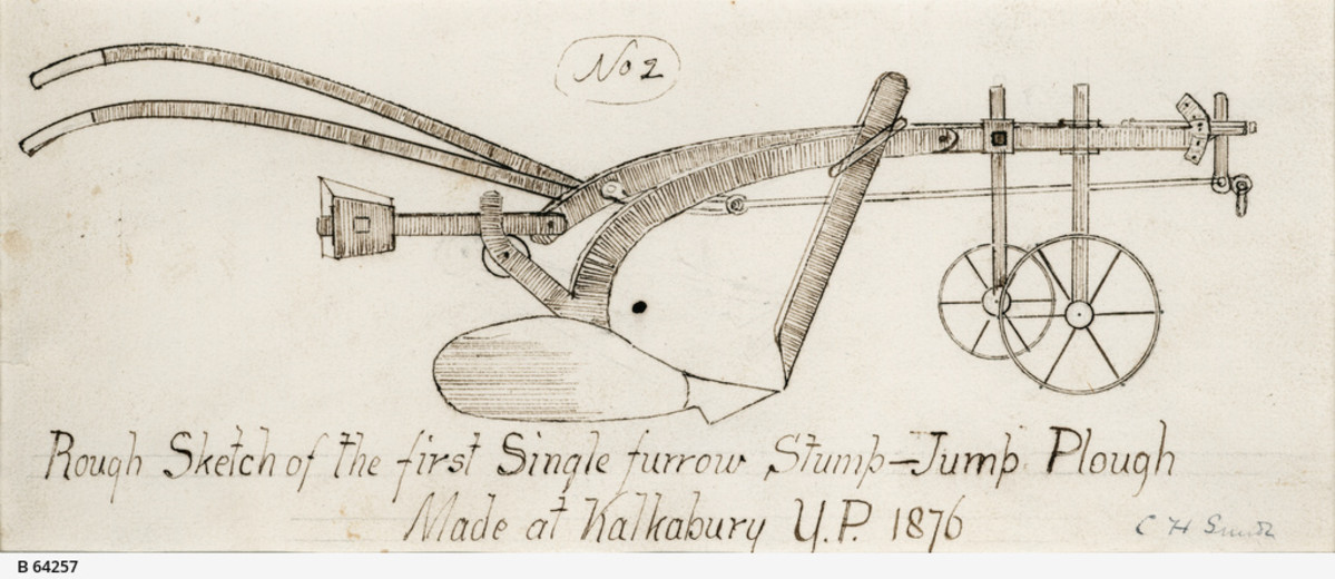 Image: A hand-drawn sketch of a plough. ‘Rough Sketch of the first single-furrow Stump-Jump Plough. Made at Kalkabury, Y.P. [Yorke Peninsula], 1876’. The sketch is signed ‘C.H. Smith’