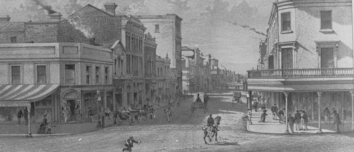 Image: black and white sketch of street scene