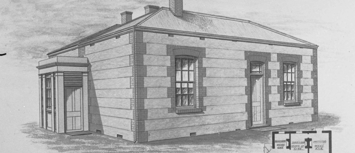 Image: An architectural illustration showing the plan and elevation of a single-storey building with brick quoining around windows and two doors