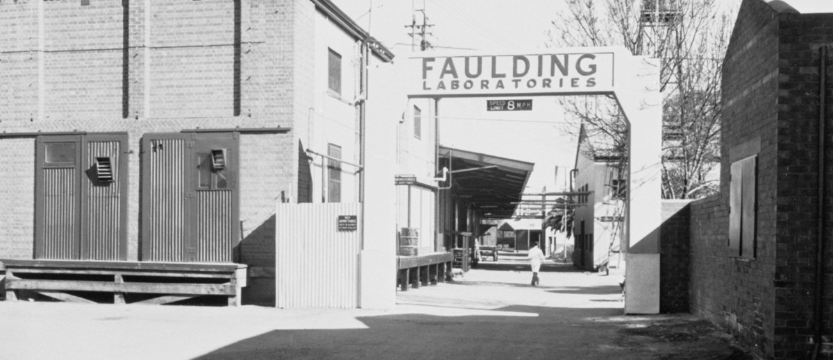 Image: A man in a white lab coat walks amongst a cluster of brick buildings. An archway in the foreground reads ‘Faulding Laboratories’