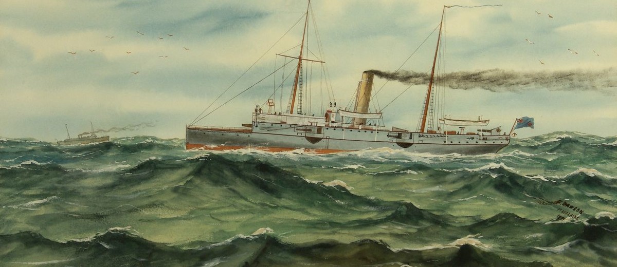 Image: Painting of steam ship with two masts and steam coming from funnel, ship is on choppy water