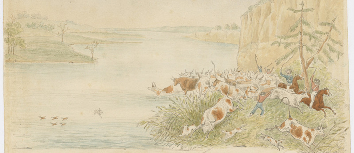 Image: painting of men hearding cattle