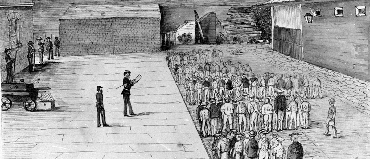 Image: A sketch of a large yard surrounded by a high stone wall, some armed men in uniforms stand looking at a large group of men standing in the yard