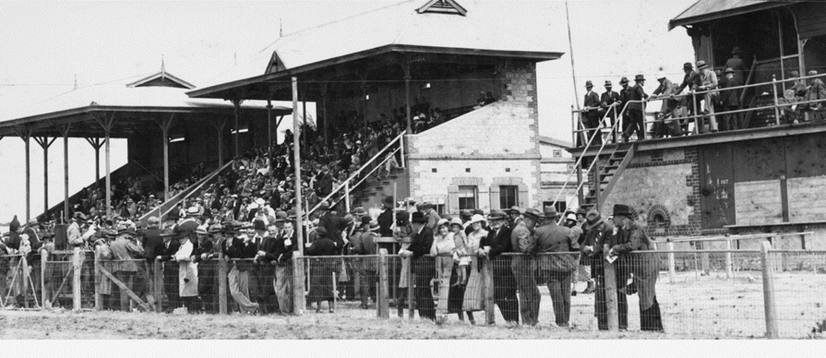 Image: Grandstand and crowds watching a horserace. The twin grandstands are full and race callers and reporters fill up the third stand