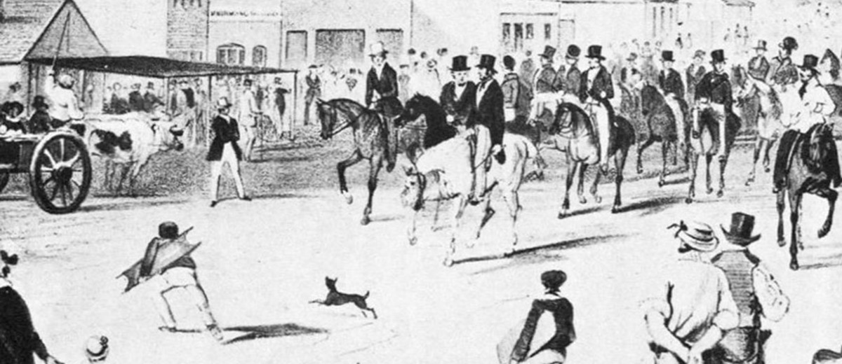 Image: Drawing of a group of men on horseback riding through a crowded city street
