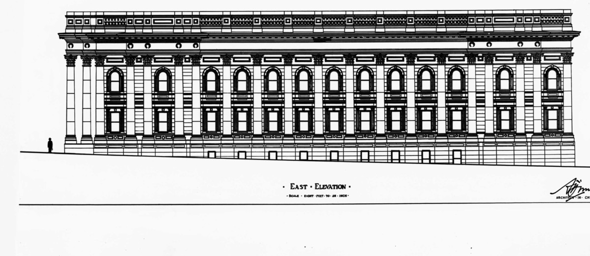 Image: An architectural illustration showing a large, rectangular building with two storeys and numerous columns in the Greek revival style