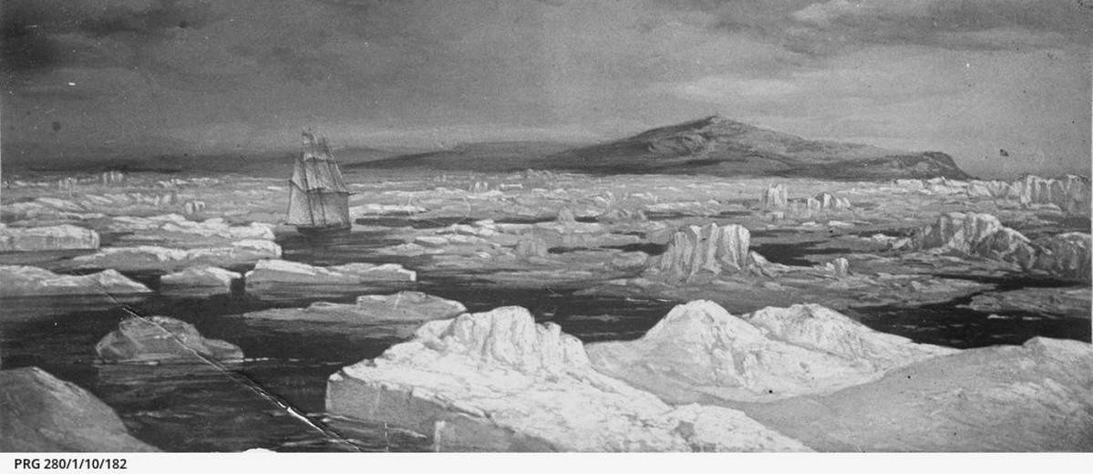 Image: Artistic impression of the Investigator (ship) approaching Australia through icy seas in 1802
