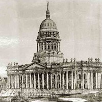 Image: a drawing of a huge building with columns along its entire facade and a massive central dome.