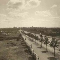 Image: a tree lined road stretches through parklands and across a river. Pedestrians in late 19th century clothes walk down a wide footpath while a horse drawn bus can be seen on the road. In the park to the left of the photo there is a small rotunda.