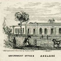 image: a drawing of a single storey building with arched windows behind a picket fence. On the street in front of the building is a coach and four, a group of children, a couple with a parasol, a boy with an armful of packages and an Aboriginal man.