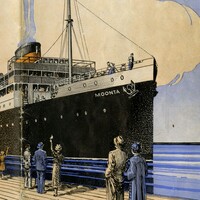 Image: printed picture of large steamship with people waving at dock