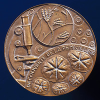 Image: An ornate bronze medal with the words ‘Decouverte de la Penicilline’ embossed on it. Other scientific motifs, including a microscope and a penicillin bacterium, are also featured on the medal