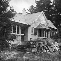Image: A single-storey cottage nestled amongst several large cedar trees. The front of the house is bordered by a low stone wall