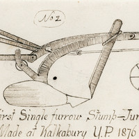 Image: A hand-drawn sketch of a plough. ‘Rough Sketch of the first single-furrow Stump-Jump Plough. Made at Kalkabury, Y.P. [Yorke Peninsula], 1876’. The sketch is signed ‘C.H. Smith’