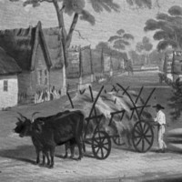 Image: A painting of a landscape scene that features a thoroughfare in a small town flanked by thatched-roofed homes. An ox-drawn cart filled with wheat is in the middle of the street