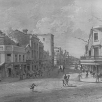 Image: black and white sketch of street scene