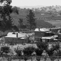 Image: A man stands in a paddock overlooking a row of houses arranged along a dirt road. Agricultural fields and scattered trees are visible in the distance