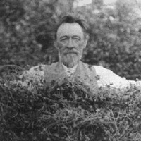 Image: A bearded middle-aged man wearing a waistcoat and trousers holds a clump of creeping vine between his two outstretched arms