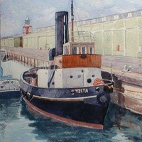 Image: A watercolour painting of a tug boat moored alongside a wharf. The name ‘Yelta’ is painted on the vessel’s bow