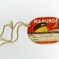 Image: paper tag printed with red background and steamship funnel