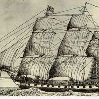 Image: pen and ink drawing of sailing ship