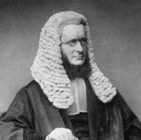 Image: Upper body portrait of a man, seated, wearing his wig and gown and holding a sheaf of papers. 