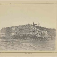 Image: men and horse drawn carts in front of a huge pile of wheat sacks