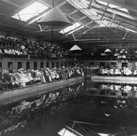Image: A crowd of men and women in late Victorian attire sit on benches around a large swimming pool