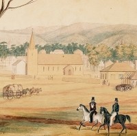 Image: Painting showing two men on horseback in a paddock. A squat stone church with high steeple is visible in the background