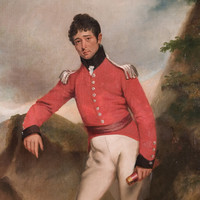 Image: Painted self-portrait of a man leaning against a rock wearing a red military jacket and cream trousers 