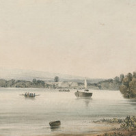 Image: A colour lithograph of a nineteenth-century sailing ship moored in a river surrounded by mangroves. Two arched buildings can be seen on the water line to the right of the composition, and manned row boats and sailboats are visible on the water. 