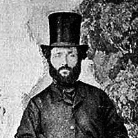 Image: A full-length portrait of a bearded man in early Victorian attire and stove-pipe hat