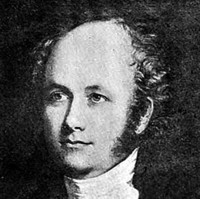 Image: A painted head-and-shoulders portrait of a young, balding man with long sideburns and wearing early Victorian attire