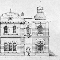 Image: An architectural illustration of a large, two-storey Victorian-Italianate building. The words ‘Institute of Arts & Sciences’ are visible on the top front of the building 