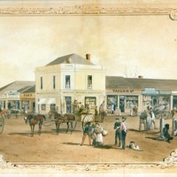 Image: Watercolour image of a corner store with pedestrians