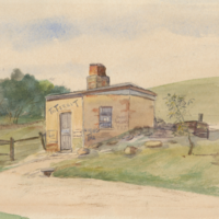 Image: Watercolour image of a toll house covered in advertising