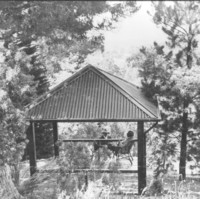 Image: Two men sit under a gazebo-like structure surrounded by trees