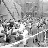 Image: Clergymen bless the foundations of a church building extension
