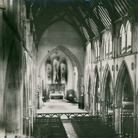 Image: Interior view of a Gothic Revival Cathedral towards altar