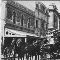 Image: two carriages and groups of people out front of a building. Building signed "General Printing Office" "Hassell & Son"  