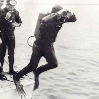 Image: A scuba diver enters the water off the stern of a motor boat, while other divers look on