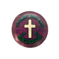 Image: purple badge with cross and green text