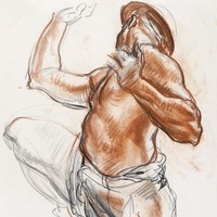 Image: A side profile drawing of a man with a bare upper body with arms and one leg up in a jumping position