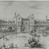 Image: a pen and ink drawing of a large three storey building with a number of wings, bay windows and an arched doorway. Several people, including children can be seen on the lawn in front of the building