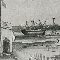 Image: A watercolour sketch of a riverbank with largely rural surroundings. The corner of a single-storey, early-nineteenth century building is visible at image left. A large three-masted sailing vessel is grounded in the middle distance