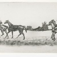 Image: This sketch shows a man on a stretcher being carried between two horses, with two other men riding horses in front and behind