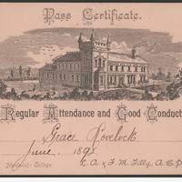 Image: certificate with image of building on it